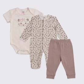 Kit Bebê Macacão, Body e Calça Yoyo Baby Bege Leoa