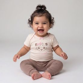 Kit Bebê Macacão, Body e Calça Yoyo Baby Bege Leoa