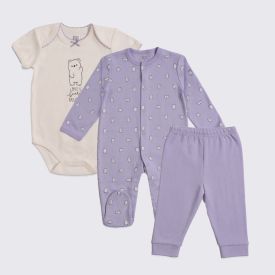 Kit Bebê Macacão, Body e Calça Yoyo Baby Lilas Ursinho