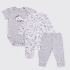 Kit Bebê Macacão, Body e Calça Yoyo Baby Cinza Mescla Nuvens