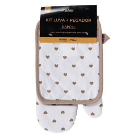Kit Luva e Pegador de Panelas Napoli Jolitex - Corações Bege