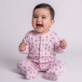 Macacão Bebê Menina Em Plush Com Pé Reversível Yoyo Baby Rosa Panda