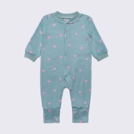 Macacão Bebê Menina Em Plush Com Pé Reversível Yoyo Baby Acqua Coracoes