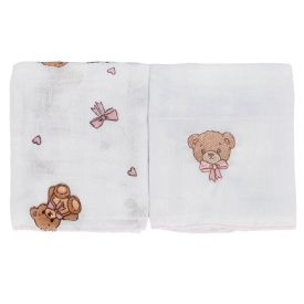 Kit Pano de Boca Bordado Havan Baby 2 Peças - Urso Rosa