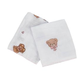 Kit Pano de Boca Bordado Havan Baby 2 Peças - Urso Rosa