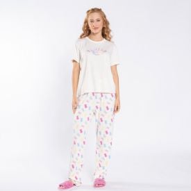 Pijama Feminino Calça e Manga Curta Camila Moretti Off White