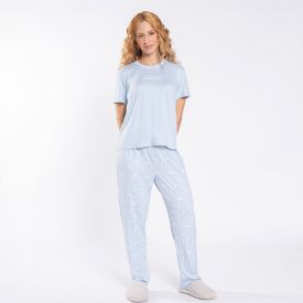 Pijama Feminino Calça e Manga Curta Camila Moretti Azul Areado