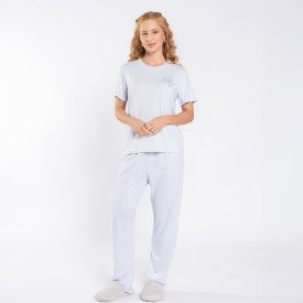 Pijama Feminino Calça e Manga Curta Poá Camila Moretti Azul Areado
