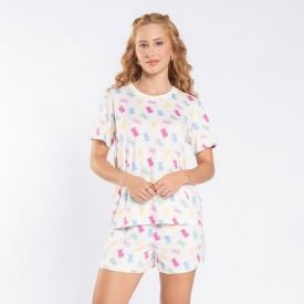 Pijama Feminino Curto Peletizado Camila Moretti Off White