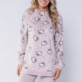 Pijama Feminino Longo Com Capuz Em Plush Sanrio Hello Kitty