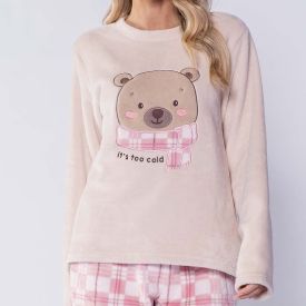 Pijama Feminino Longo Em Fleece Rainy Teddy Camila Moretti Bege