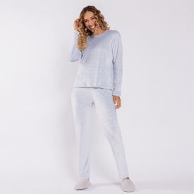Pijama Feminino Longo Em Plush Patinhas Camila Moretti Azul