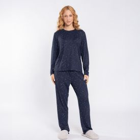 Pijama Feminino Longo Peletizado Camila Moretti Azul Meia-Noite