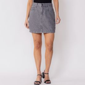 Saia Feminina Jeans Com Perola Boby Blues Cinza