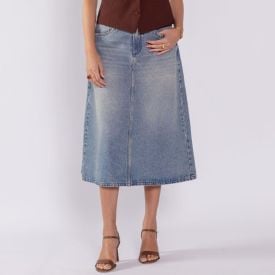 Saia Jeans Feminina Midi Evasê Boby Blues Azul Medio