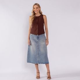 Saia Jeans Feminina Midi Evasê Boby Blues Azul Medio