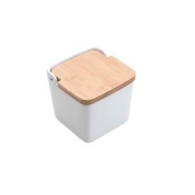 Saleiro De Cerâmica Com Tampa De Bambu 750Ml Lyor - Branco