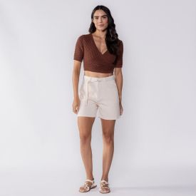 Short Feminino De Sarja Com Cinto Patricia Foster Bege