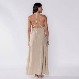 Vestido Longo Com Decote Nas Costas Patricia Foster Caqui