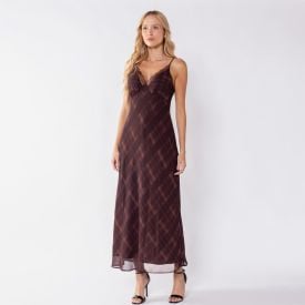 Vestido Longo Feminino Com Renda No Decote Boby Blues Xadrez