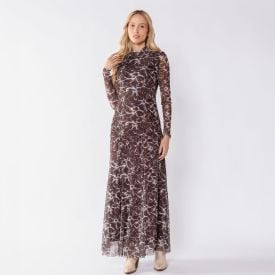 Vestido Longo Feminino Em Tule Floral Manga Longa Patricia Foster
