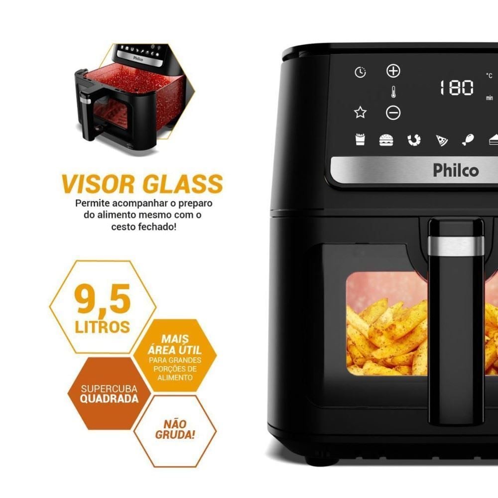 Fritadeira Air Fryer Philco 9,5 Litros Visor Glass e Redstone 1800W PAF95A