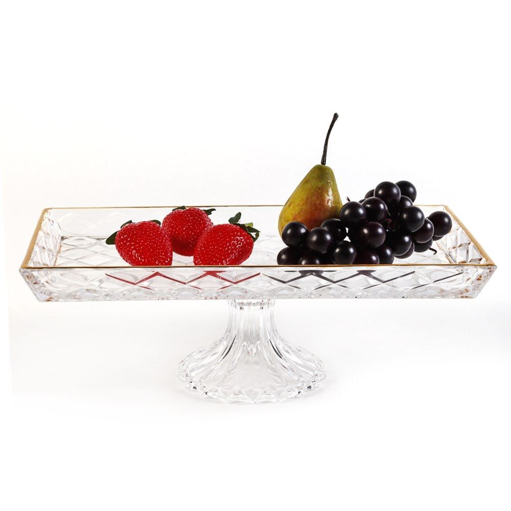 Bandeja Com Pé Diamond Com Filete Dourado Lyor 34,5Cm - Cristal 