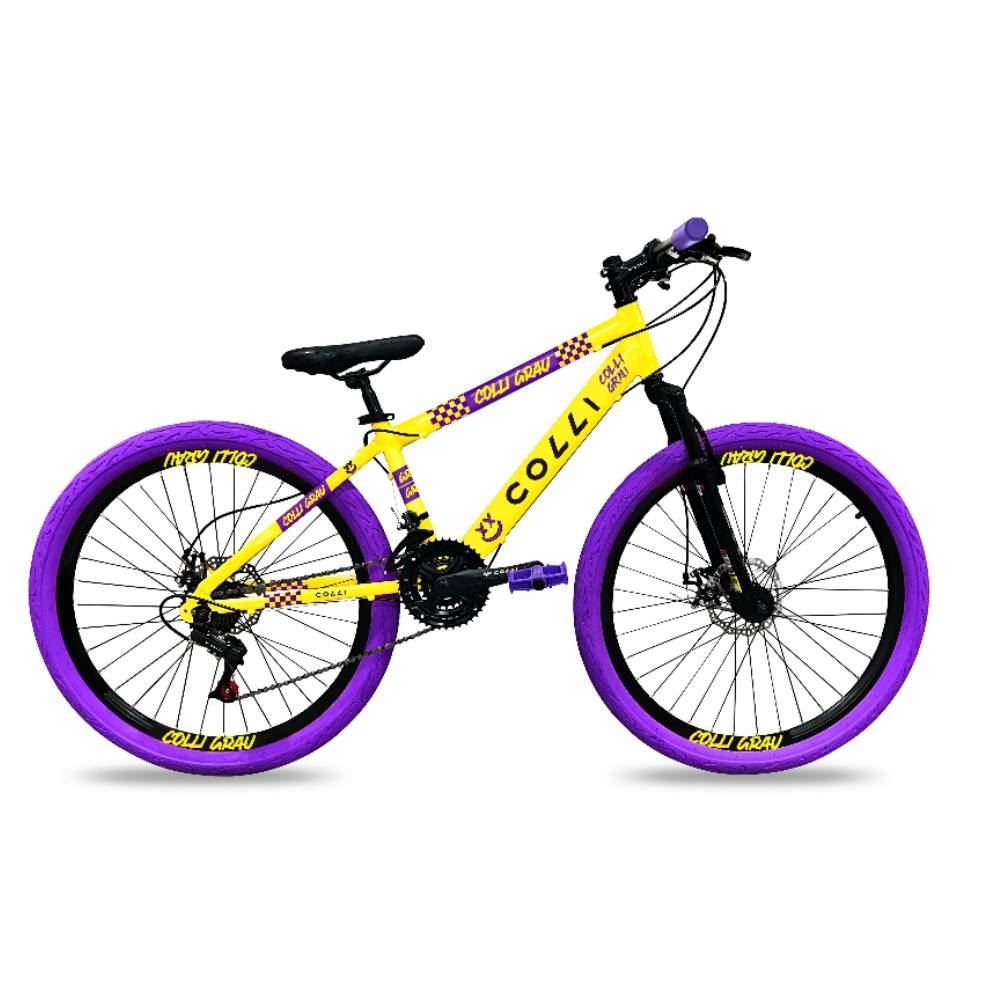 Bicicleta Aro 26 Colli Grau Freios a Disco e Suspensão Dianteira - AMARELO/ROXO