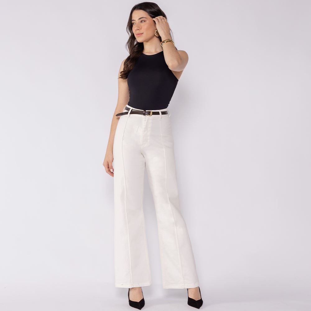 Calça Feminina Em Sarja Wide Leg Com Cinto Patricia Foster