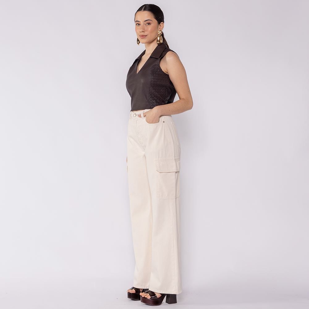 Calça Feminina Wide Leg Cargo Em Sarja Boby Blues