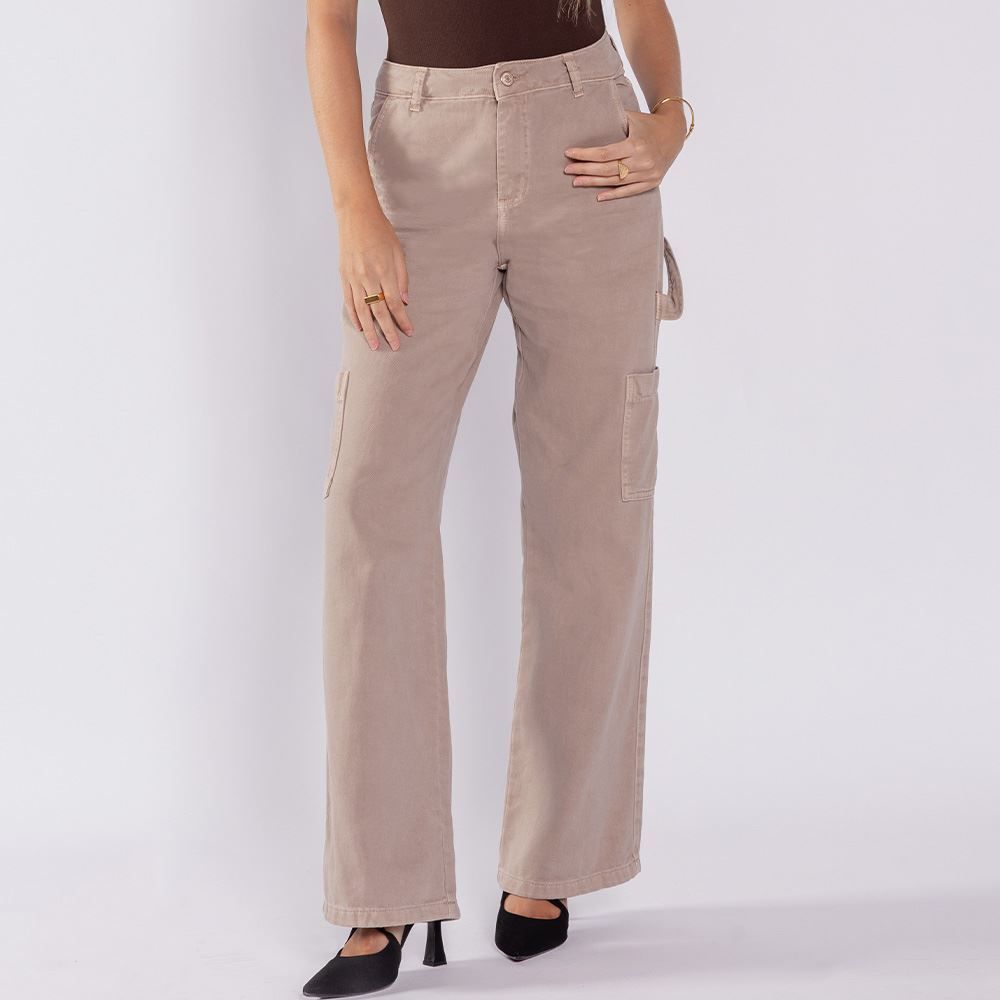 Calça Wide Leg Feminina Com Bolso Cargo Sawary