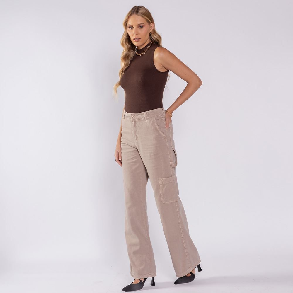 Calça Wide Leg Feminina Com Bolso Cargo Sawary