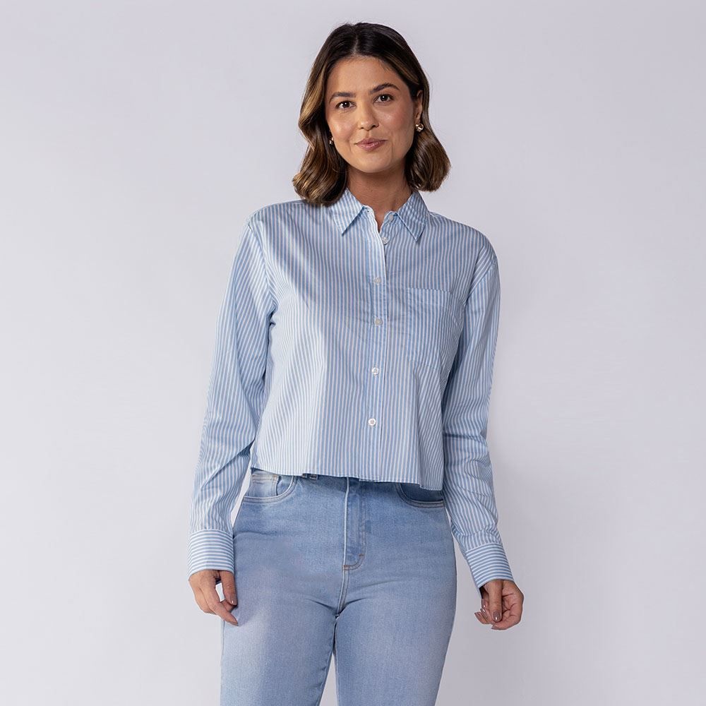 Camisa Cropped Manga Longa Com Bolso Boby Blues