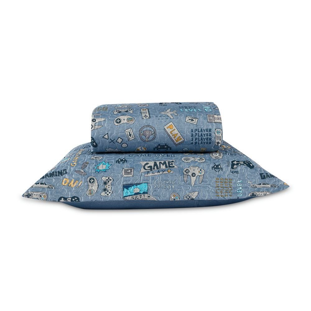 Kit Colcha Solteiro Dupla Face Matelado Havan Kids 2 pçs - Gaming Azul