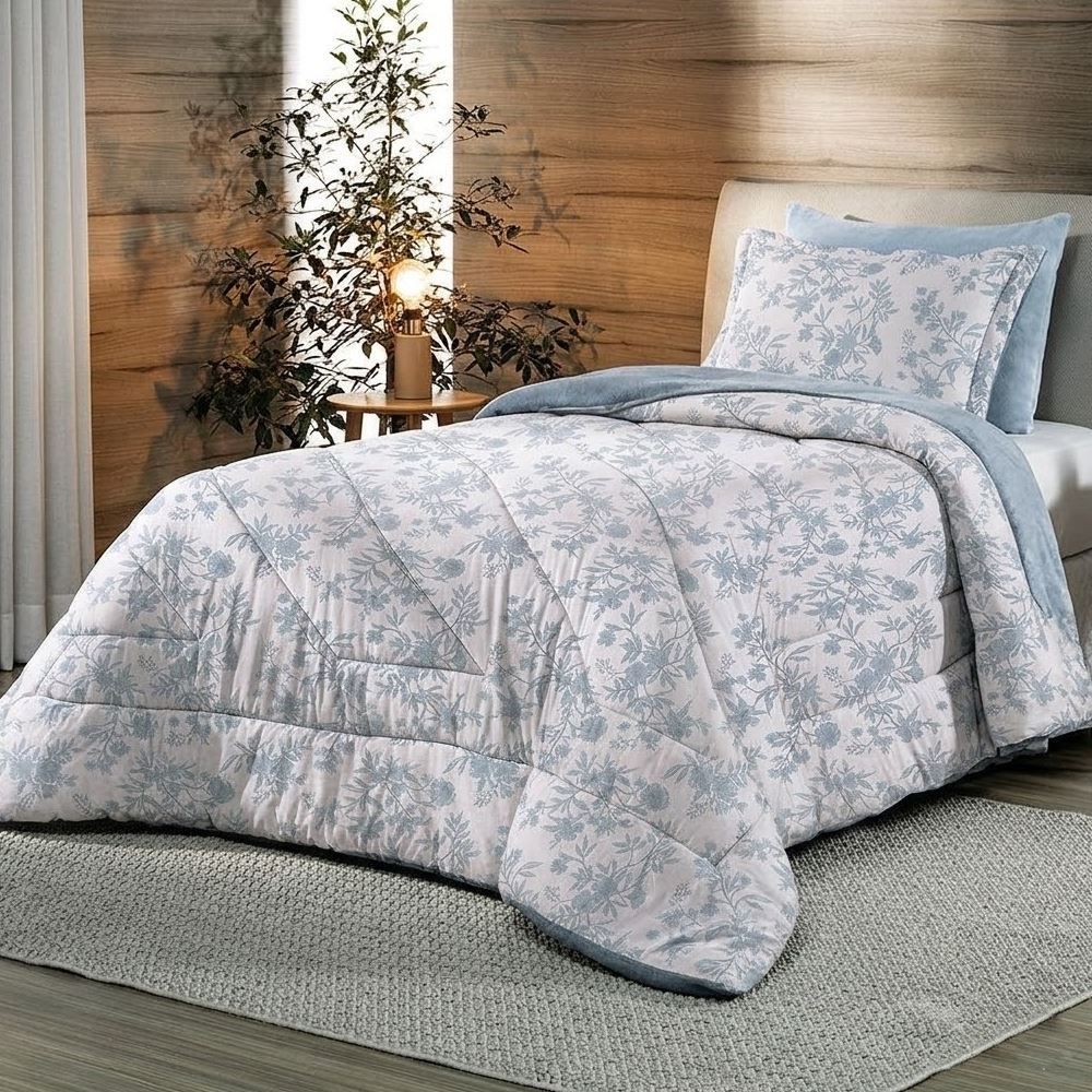Edredom Solteiro Dupla Face Malha Blend Altenburg  - Sofia Floral Azul