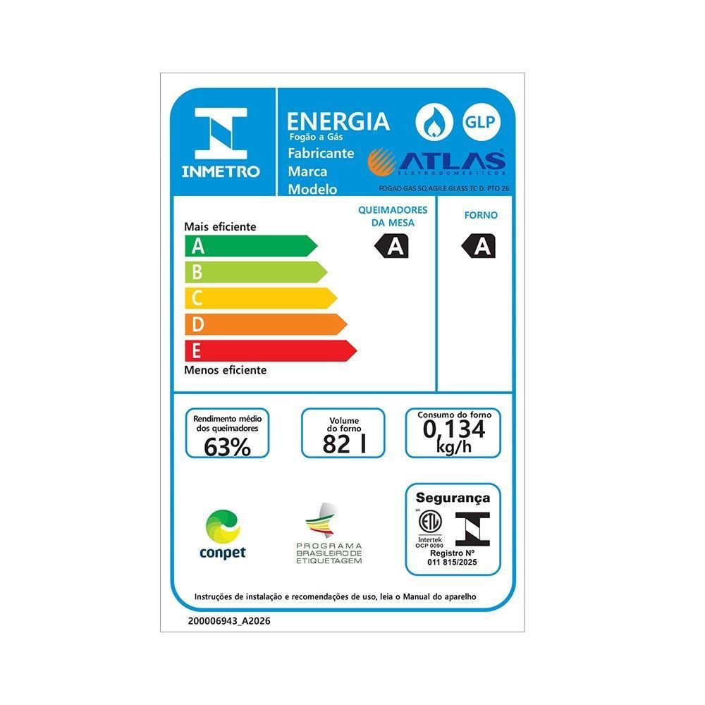 Fogão 5 Bocas Atlas Agile Up Glass com Tripla Chama Lateral Preto