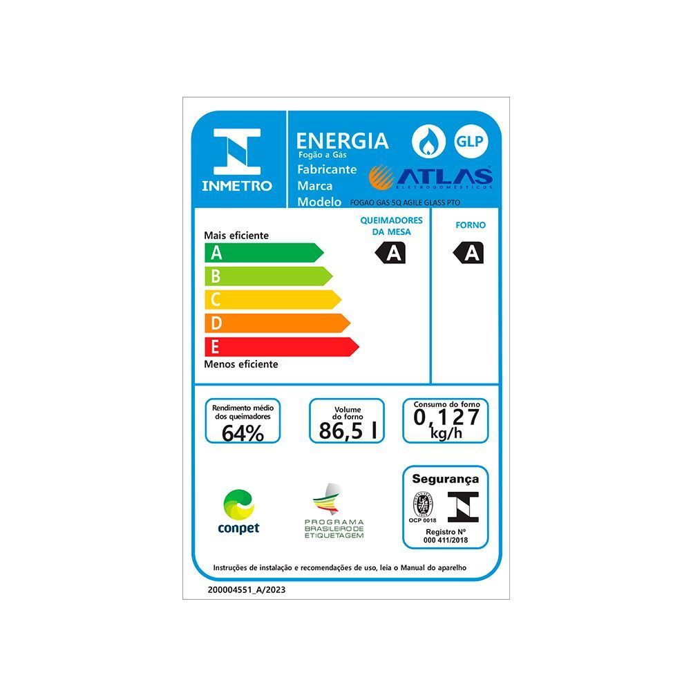 Fogão De Piso 5 Bocas Atlas Agile Glass Up Preto - Bivolt