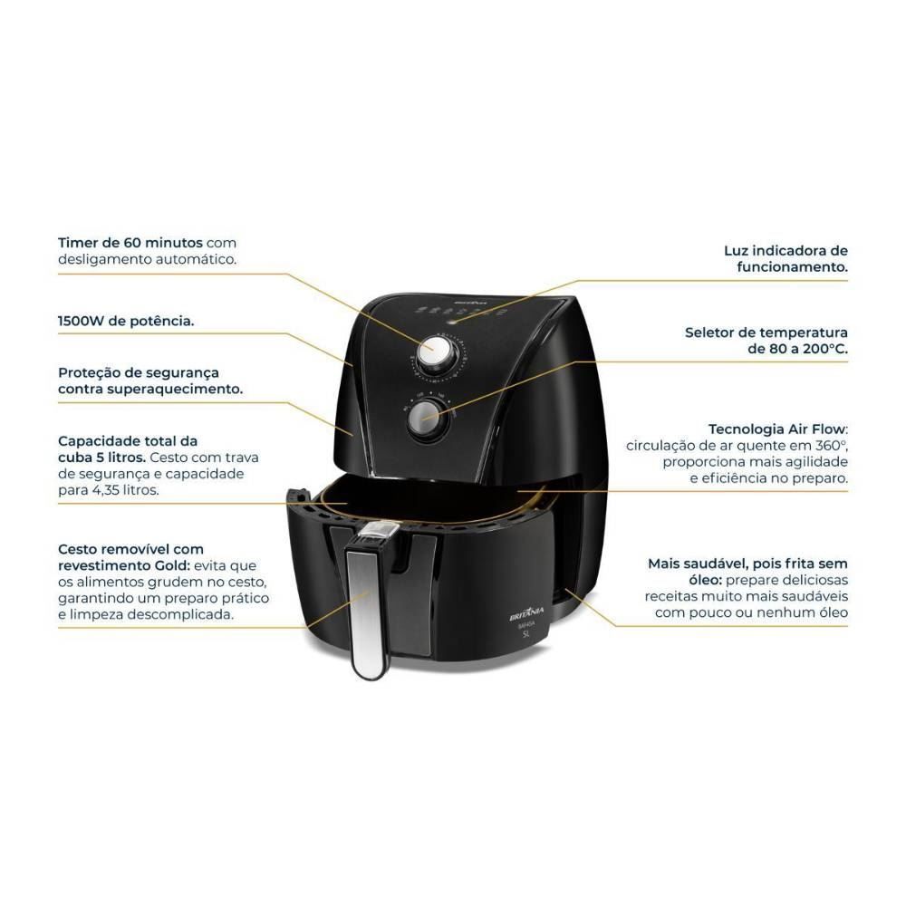 Fritadeira Air Fryer Britânia 5 Litros Antiaderente Gold 1500W BAF45A