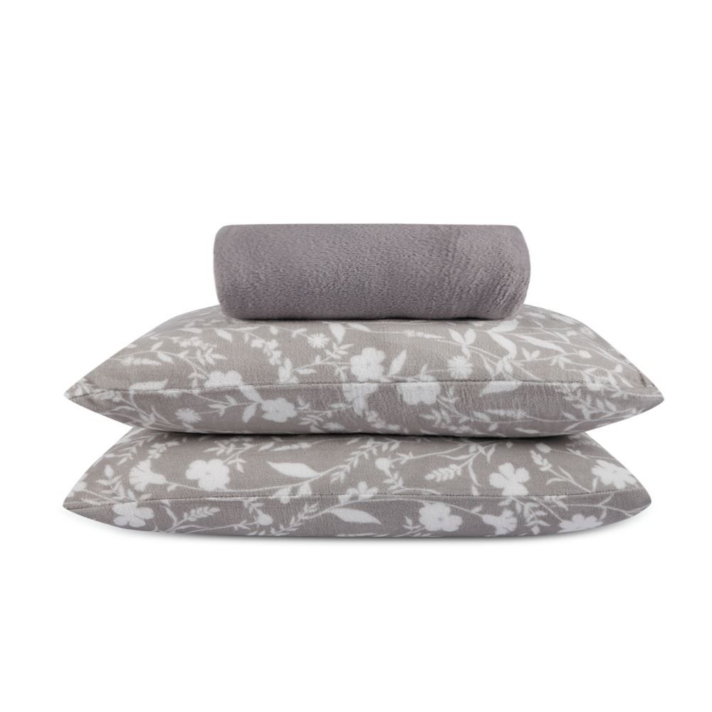 Jogo de Cama Plush Provence Casal 3 pçs Havan Casa - Yasmin Floral Cinza