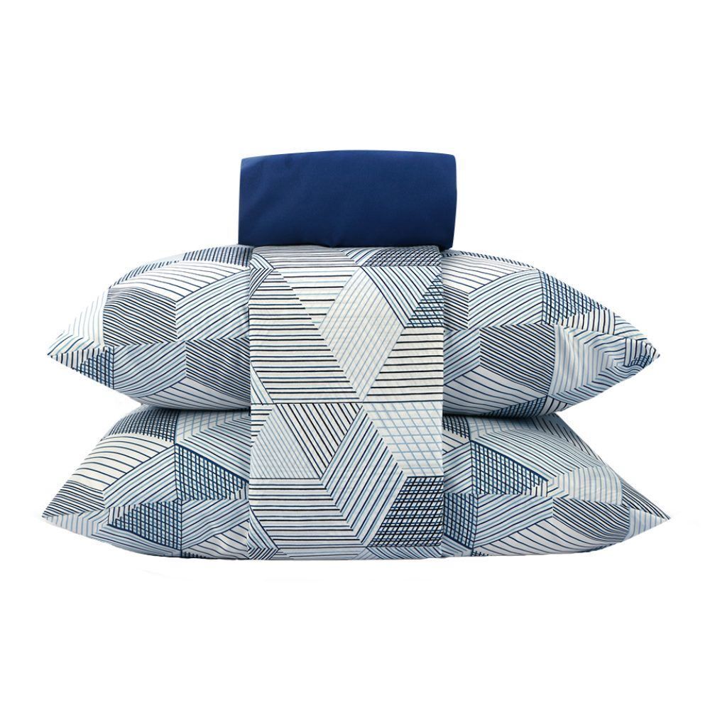 Jogo de Cama Queen Microfibra Napoli Havan Casa 4 pçs  - Cubos Geométricos Azul