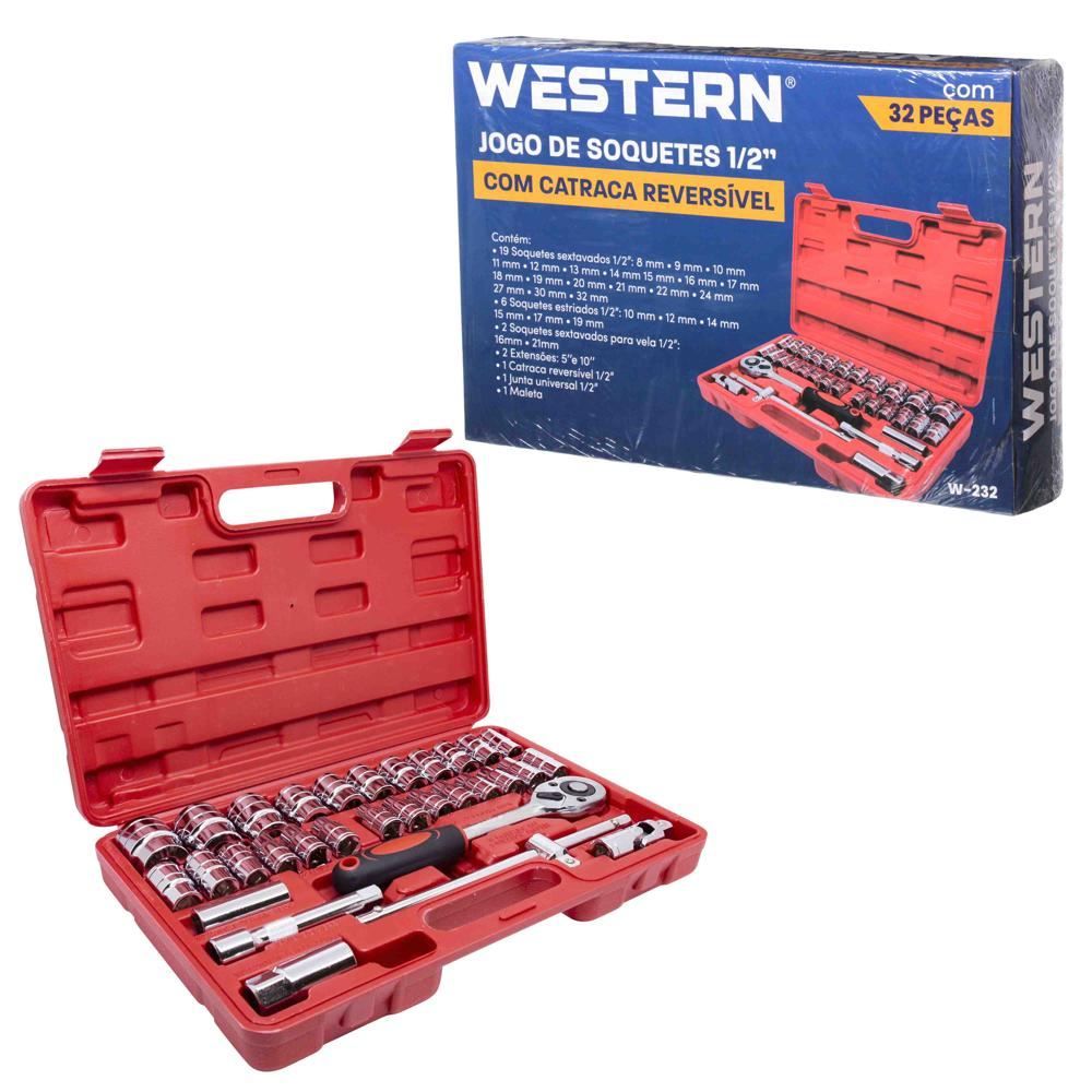 Jogo de Soquetes 1/2" com Catraca Reversível 32 Peças Western