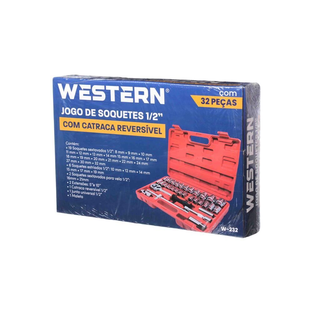 Jogo de Soquetes 1/2" com Catraca Reversível 32 Peças Western