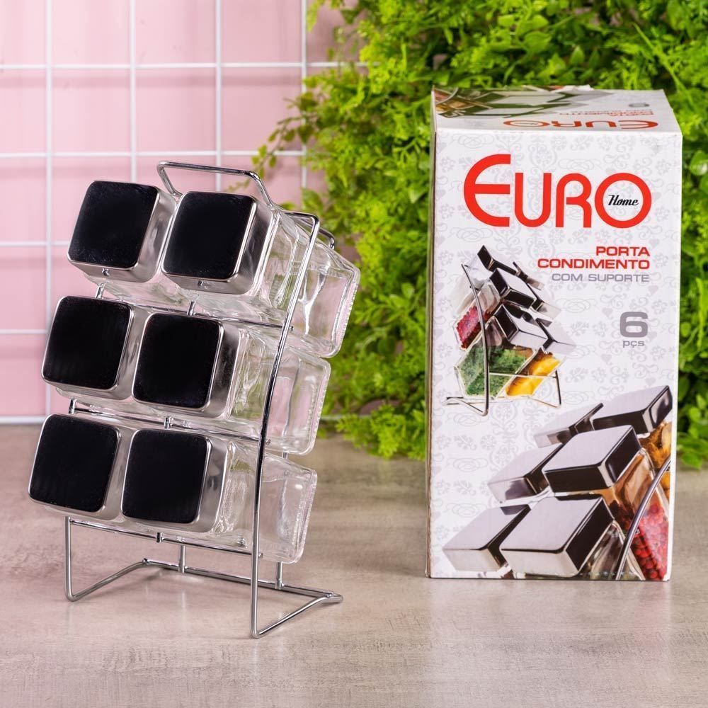 Jogo Porta Condimentos com Suporte Euro Home 6 Peças - Vidro