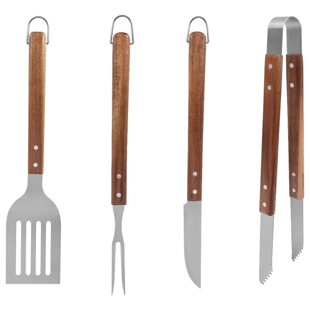 Kit Churrasco 4 Peças Havan Casa Cabo Madeira Acácia - Inox 