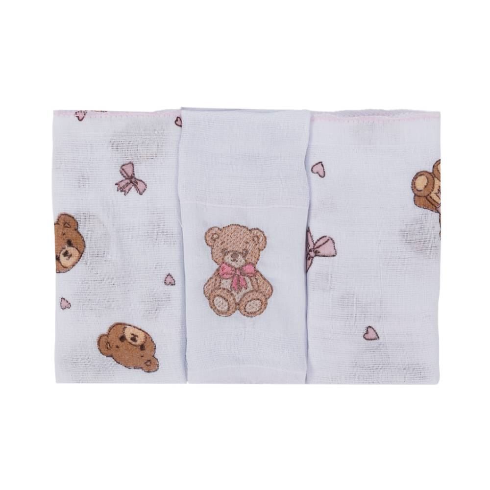 Kit Pano de Boca 3 Peças Prime Havan Baby - Urso Rosa