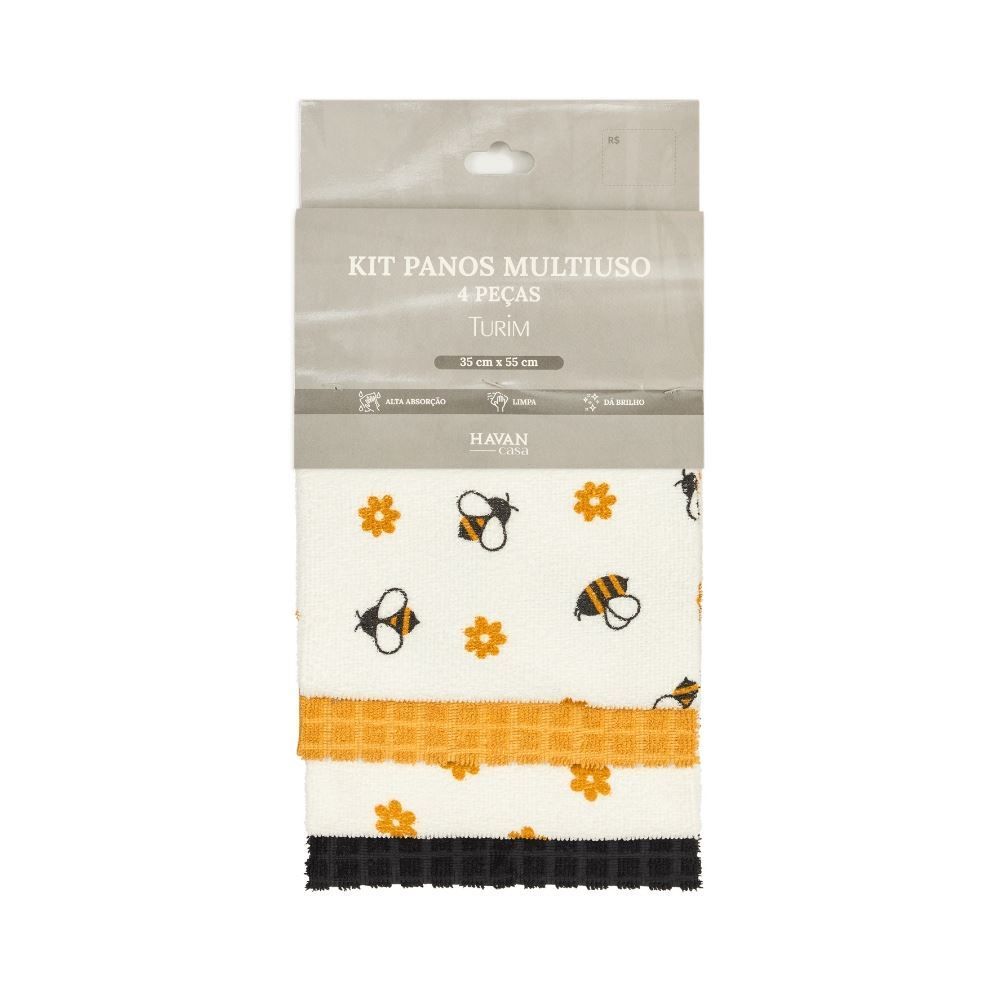 Kit Panos Multiuso Pratik 4 Peças Havan Casa - Abelhas Flores Amarelo