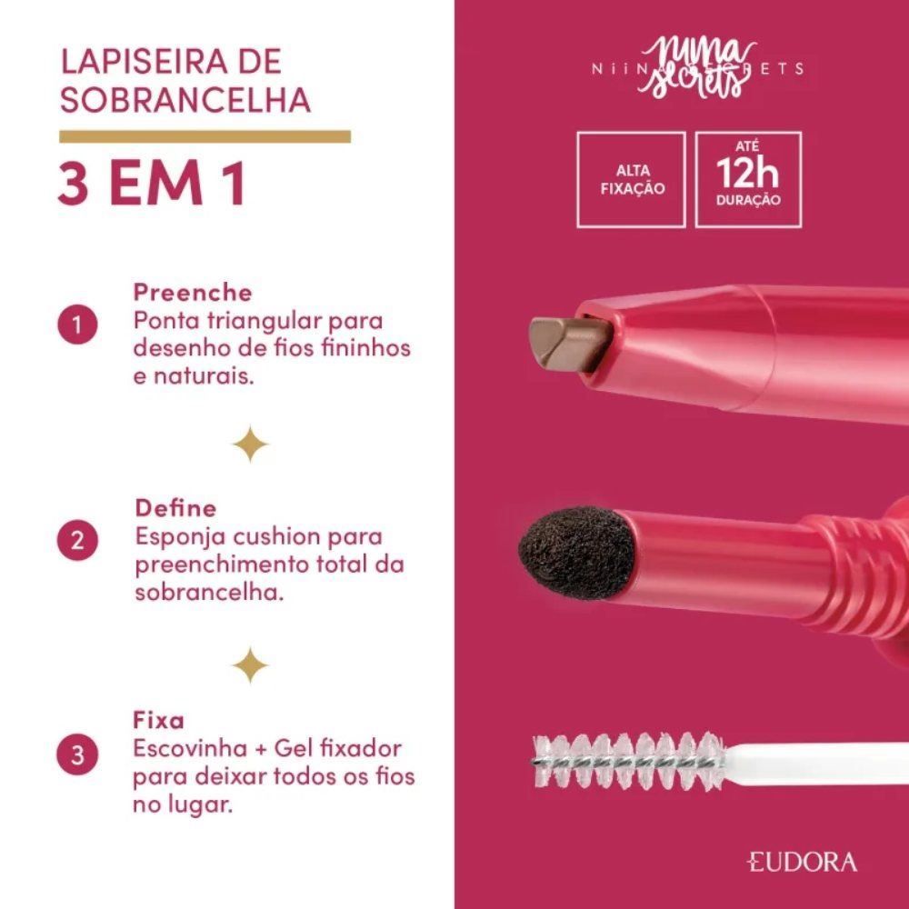 Lapiseira De Sobrancelha 3 Em 1 Marrom Médio Niina Secrets - 1,1g