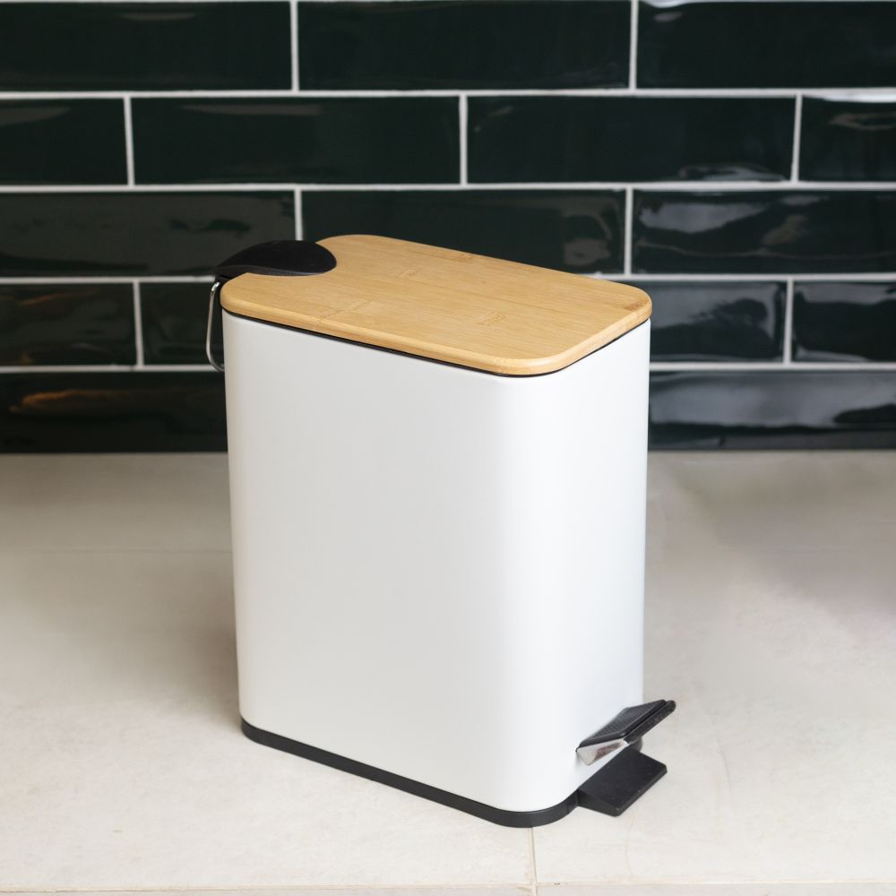 Lixeira Retangular com Pedal e Tampa de Bambu 5L Lyor - BRANCO