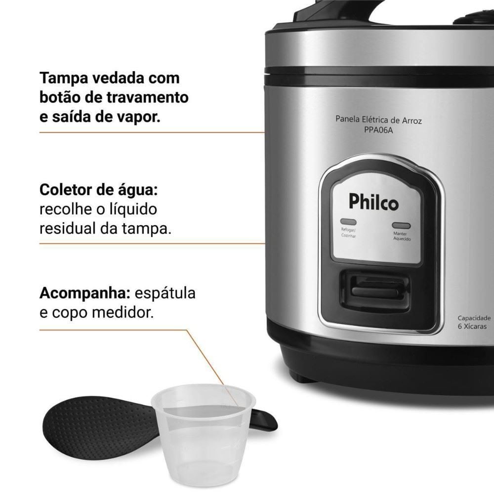 Panela de Arroz Elétrica Philco 6 Xícaras Inox 400W PPA06A