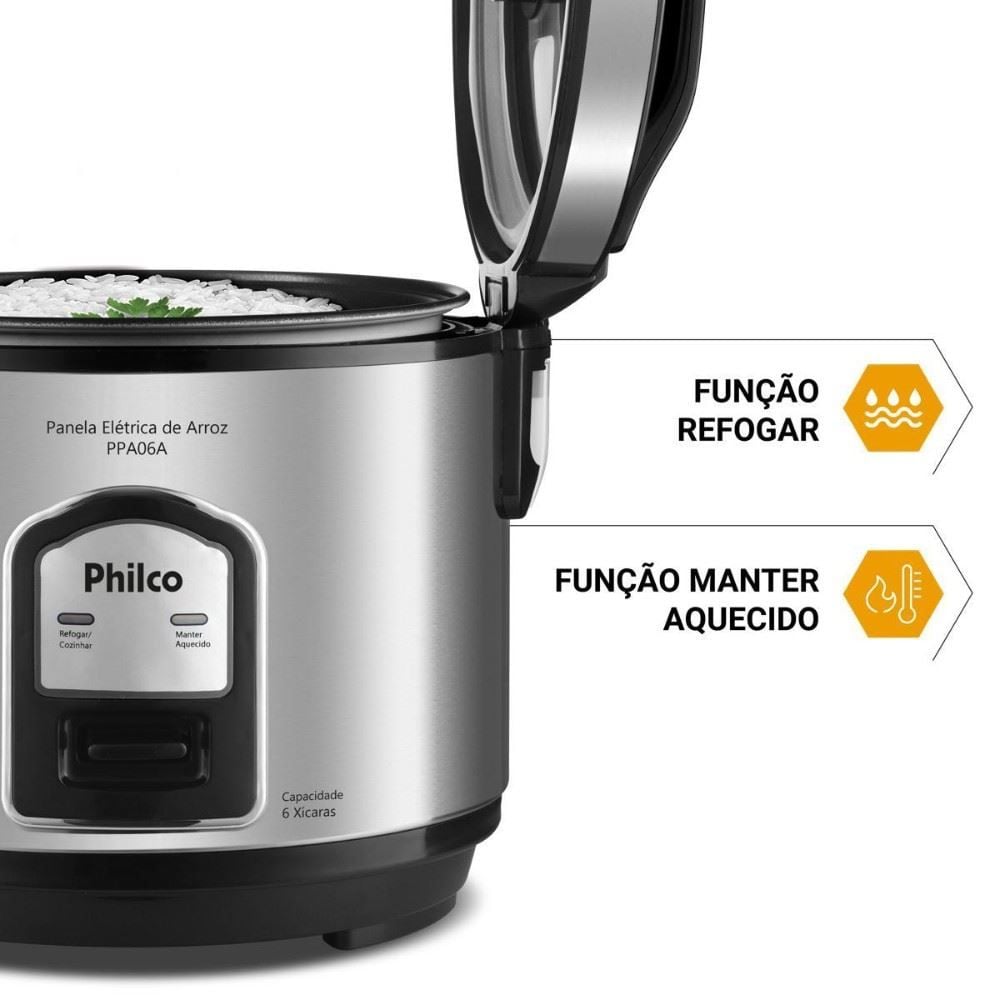 Panela de Arroz Elétrica Philco 6 Xícaras Inox 400W PPA06A